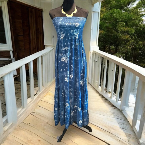 Ces Femme Small Blue Paisley Floral Maxi Halter Sundress Y2K Boho - Picture 1 of 8